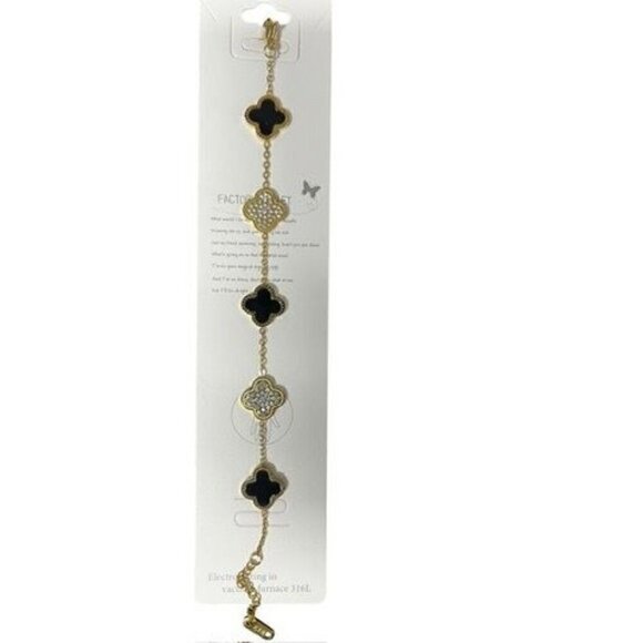 WOMEN PLATED Gold-Tone Clover IRISH SHAMROCK Charm Bracelet With Black & Crystal - Picture 1 of 1
